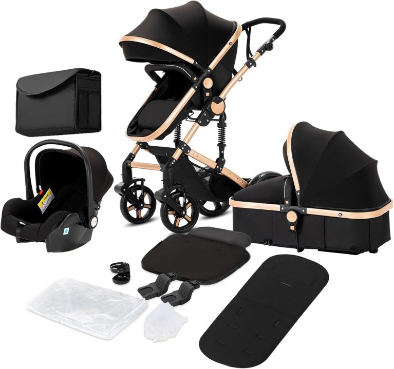 Magic ZC Poussette 3 en 1, Trio avec Conception Portable Pliable en Un Clic, Poussette Combinée Réversible Bidirectionnelle, avec Accessoires (588 Black Gold)